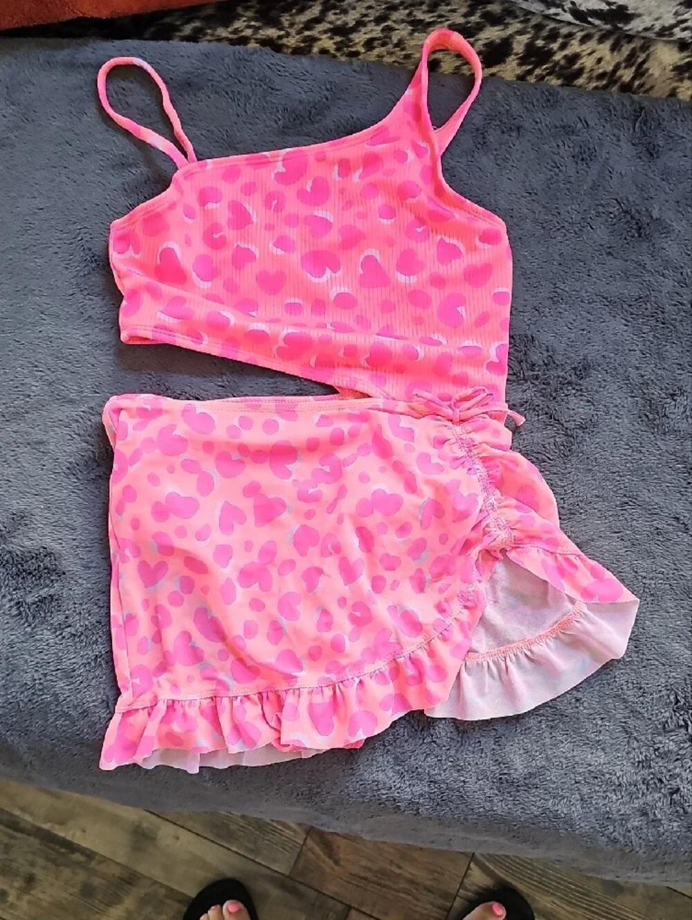 Cat & Jack Neon Pink Heart Print One-Piece Swim Set with Ruffle Skirt